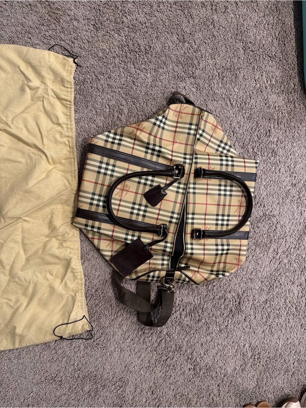 Burberry Beige Plaid Duffel with Dark Brown Trim